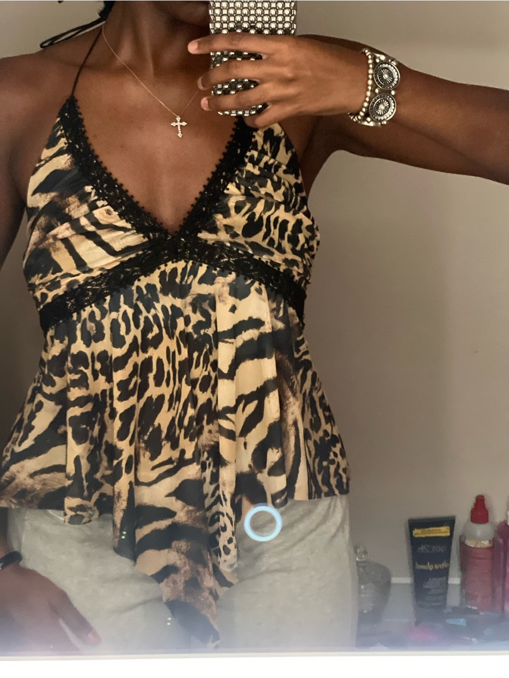 Lace-Trim Animal Print Halter Cami - Tan/Black